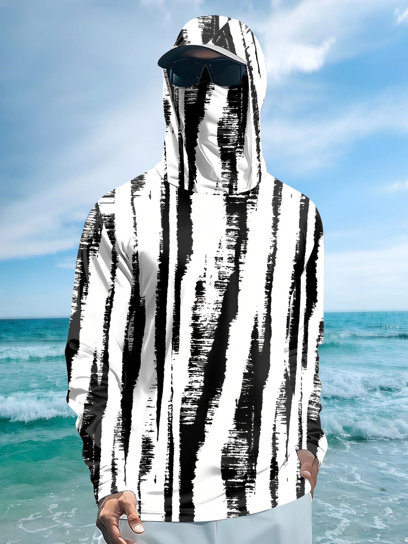 Fishing Mask Sun Protection - Men Black‑White Stripe Fishing Hoodie With